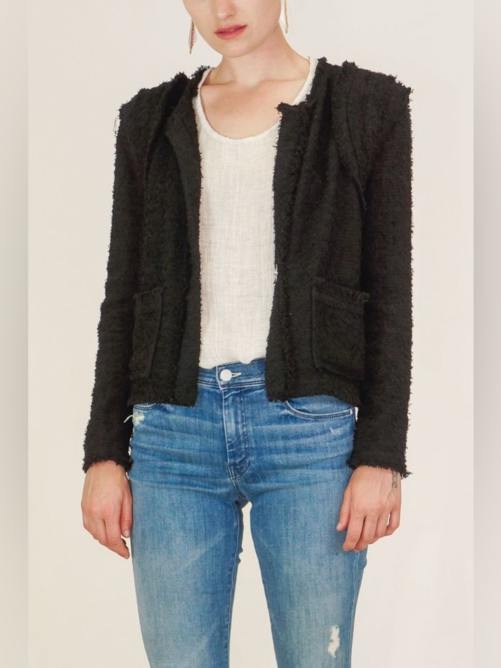 IRO Aidan Black Bouclé/Tweed Open-Front Women's Jacket Size 36/US 4/Small